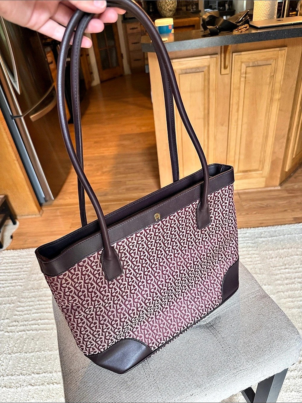 Aigner Geometric Tote in Burgundy & Brown
